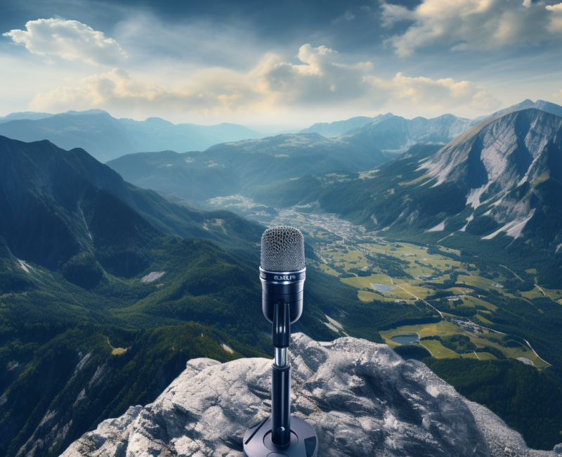 A microphone in front of a mountain range