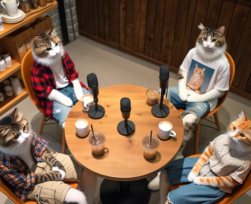 Four cats at a table with microphones